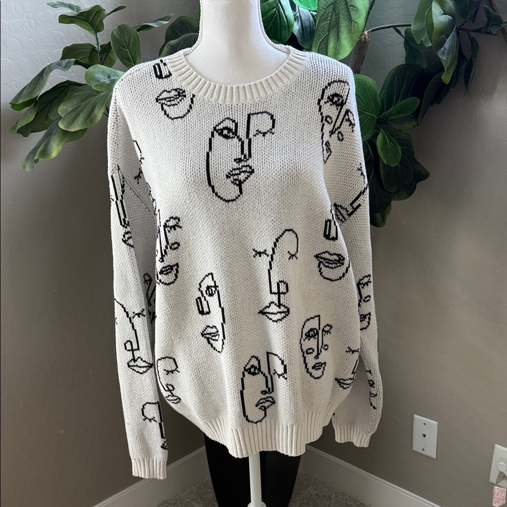 Abstract Face Pattern Sweater - White - image 1